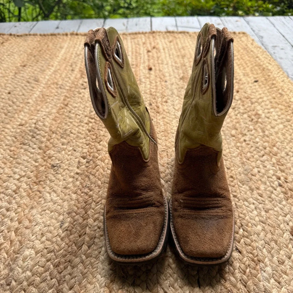 Ariat Kids Brown Roughout Lime Green Western Cowboy Boots Size 1.5 Country